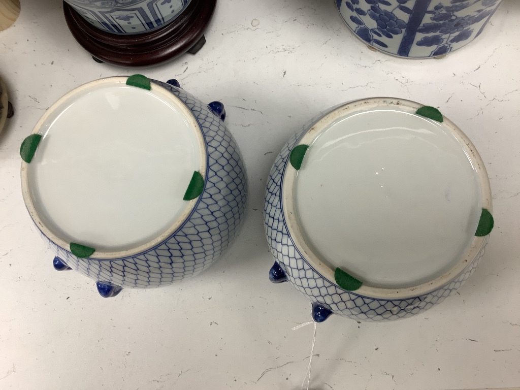 Two Chinese porcelain blue and white lamps, a similar jardinière, two bowls and covers and a hexagonal box and cover